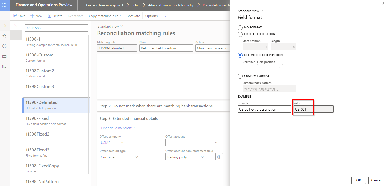 Reconcilation matching rules example