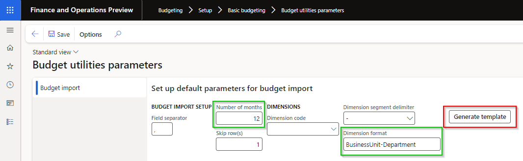 Generate budget import template