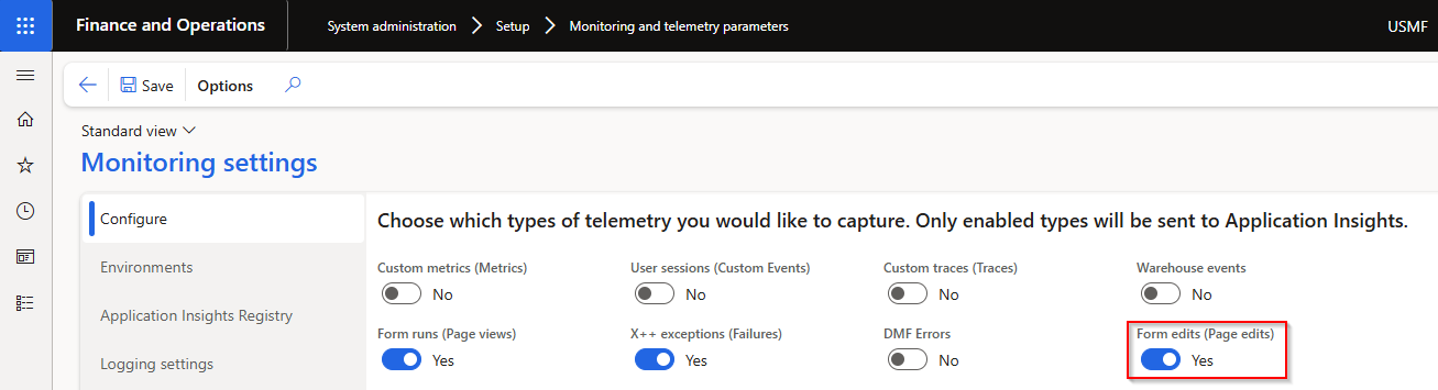 Monitoring settings